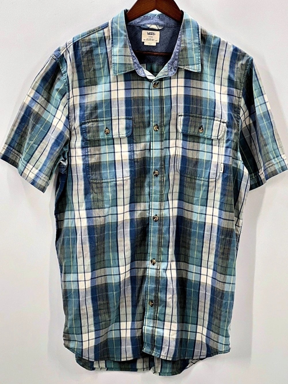 484 Vans Plaid Cotton Blend Shirt in Blue & Green Large